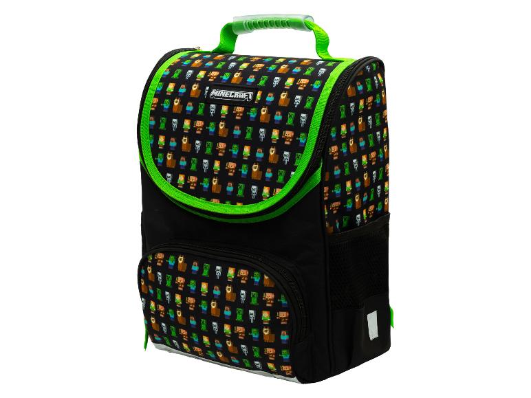 Sac à dos scolaire noir avec motif de personnages de jeux vidéo et détails verts.