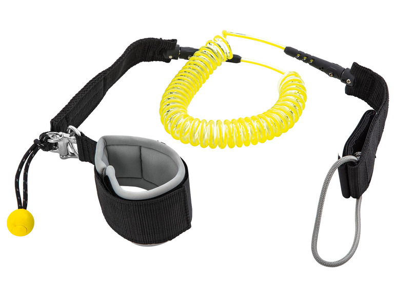 Une laisse enroulée jaune avec un bracelet pour les sports nautiques.