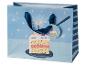 Sac cadeau bleu avec gâteau d'anniversaire, bougies et étoiles, avec étiquette cadeau cupcake.