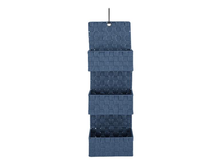 Wandorganizer: drie stapelbare, blauwe, gevlochten manden.
