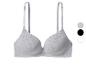 Soutien-gorge gris avec bretelles ajustables et échantillons de couleurs.