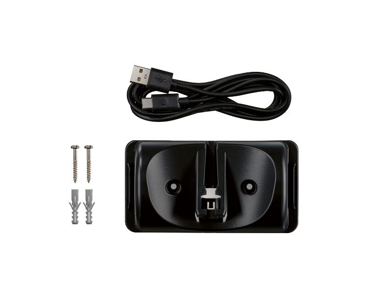 USB-C-kabel, zwarte wandhouder en schroeven met pluggen.