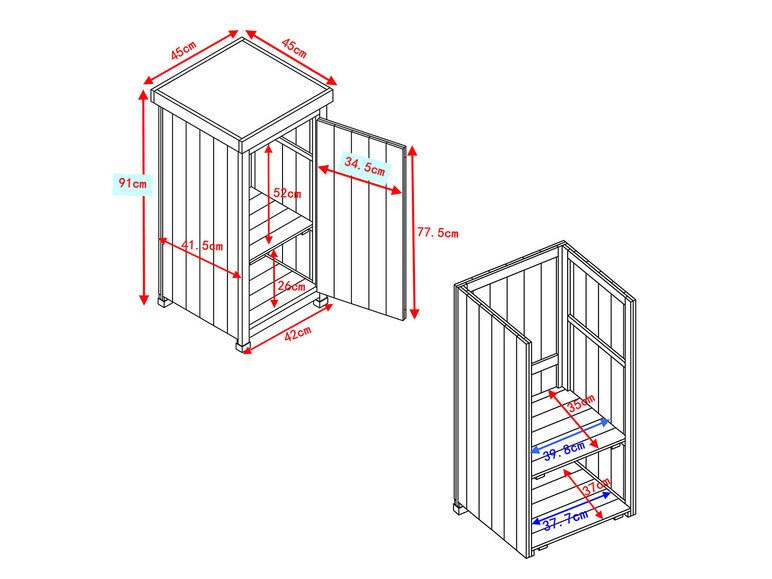Technische tekening van een houten opslagkast met afmetingen.