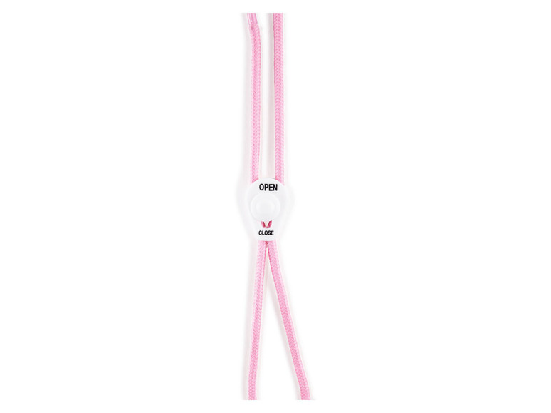Roze koord met een witte sluiting met de tekst 'OPEN' en 'CLOSE'.