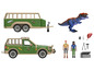Une jeep verte avec une remorque, un dinosaure T-Rex et deux figurines.