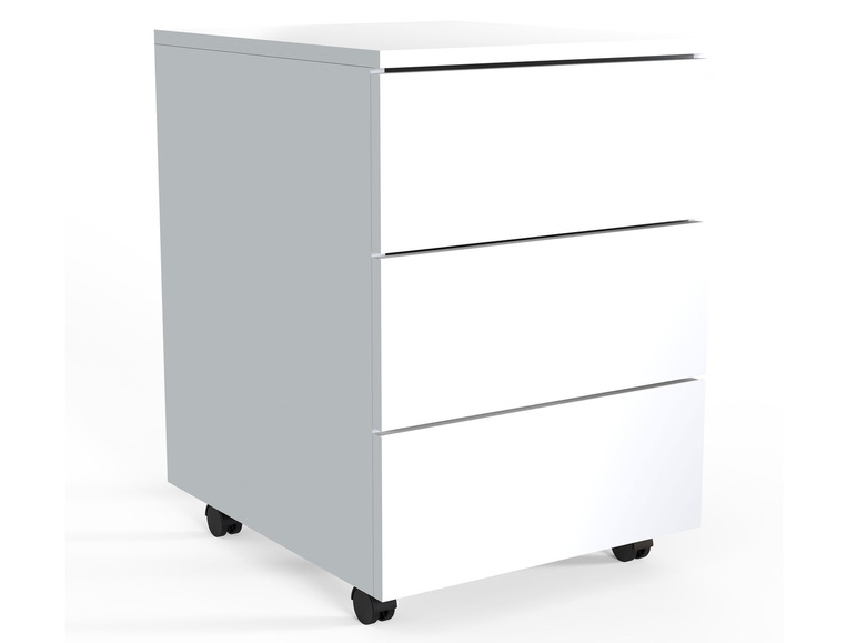 Un bureau blanc avec trois tiroirs sur roulettes.