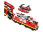 Rode en gele speelgoedtrein met afneembare kraanwagen en een aparte kraanmodule.
