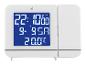 Witte digitale wekker met blauw display dat tijd, datum en temperatuur toont