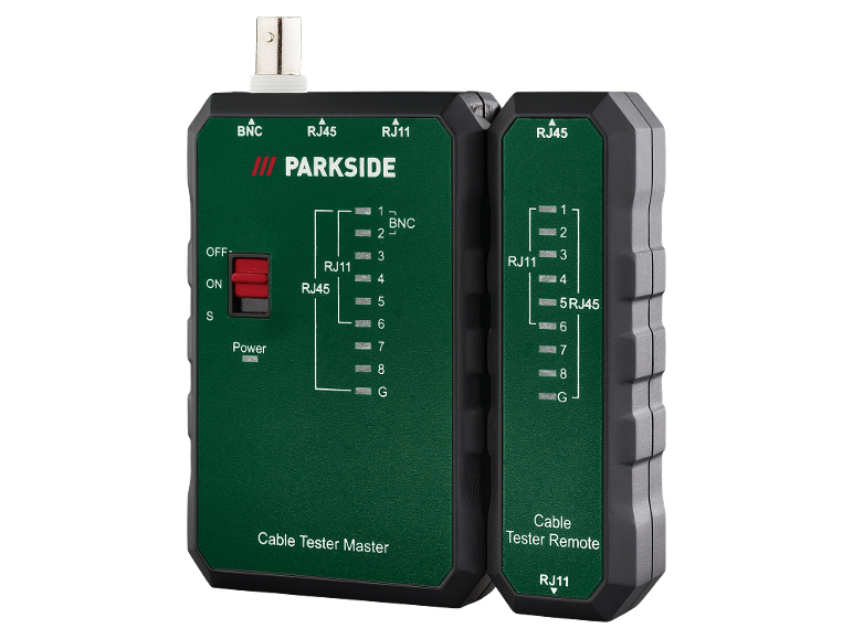 Parkside kabeltesterset: hoofdeenheid en afstandsbediening voor RJ11-, RJ45- en BNC-kabels.