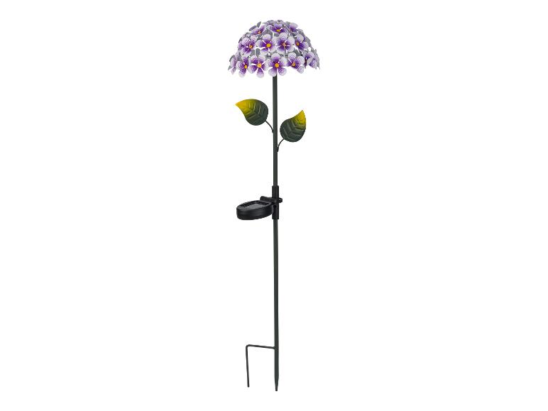 Solar tuinpaal met paarse bloemen en bladeren.