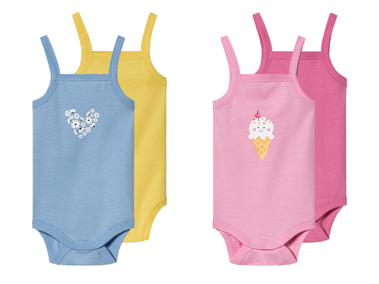Deux bodies bébé avec imprimé fleurs et glaces.