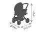 Een babywagen met afmetingen: 64 cm hoog, 38,5 cm breed en 54,5 cm diep.