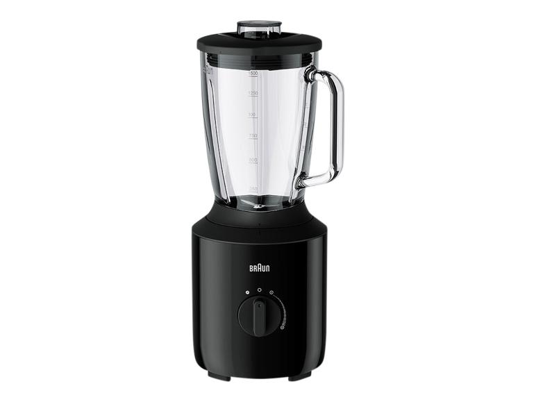 Zwarte keukenblender met glazen kan en maatstreepjes