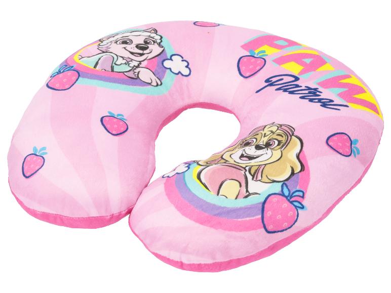 Coussin de voyage rose avec des chiots et des fraises, avec l'inscription « PAW Patrol ».