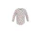 Babyromper met lange mouwen en een kleurrijk bloemen- en hartenpatroon.