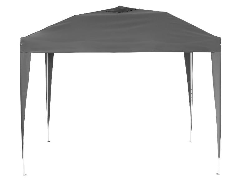 Een grijs partytent met metalen poten.