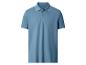 Blauw poloshirt met korte mouwen, witte kraag en manchetten.
