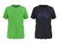 Deux t-shirts de sport à manches courtes, un vert et un noir avec un imprimé bleu.