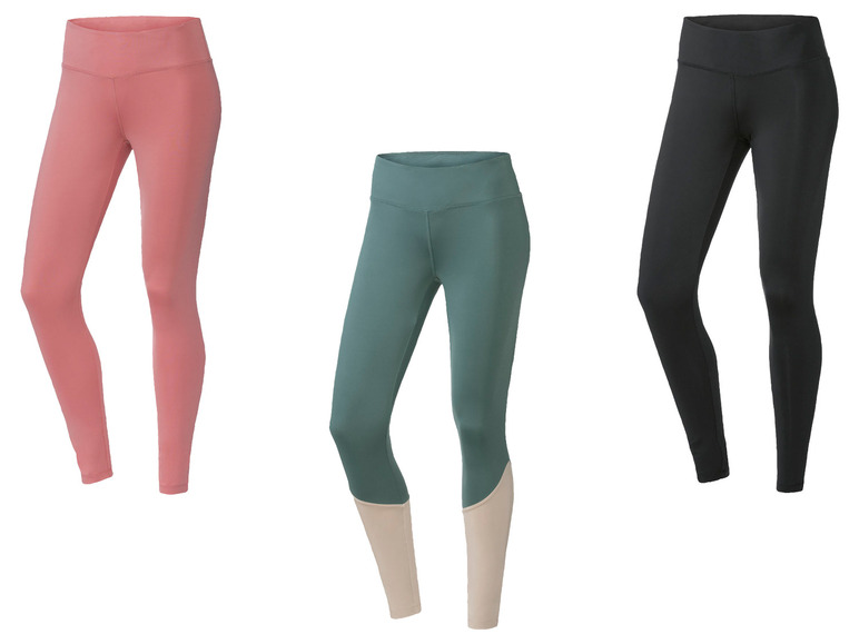 Drie verschillende leggings in roze, groen en zwart.