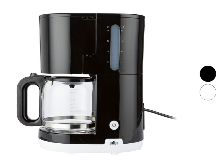 Een zwarte Braun koffiezetapparaat met glazen kan.