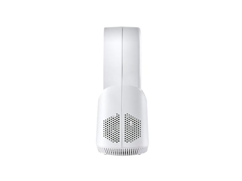 Witte draagbare luchtreiniger met ventilatieroosters, van achteren gezien.