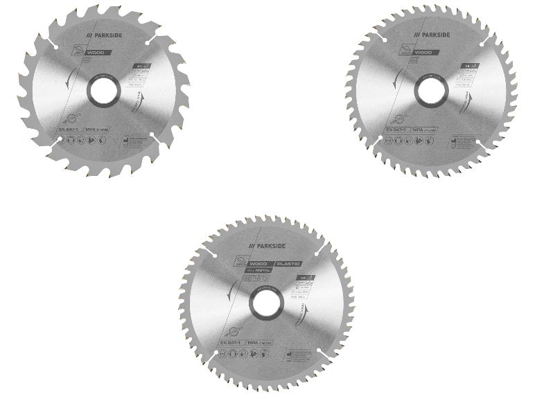 Trois lames de scie circulaires Parkside pour bois, métal et plastique.