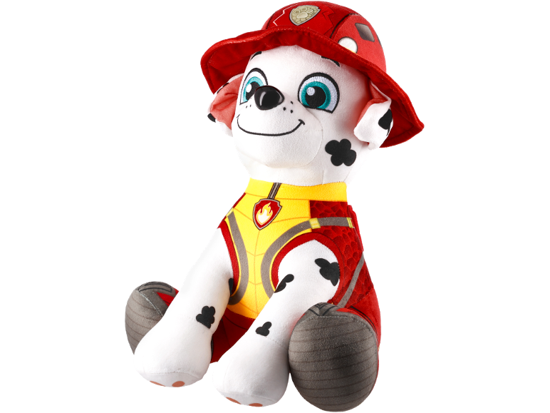 Pluchen dalmatiër hondenspeelgoed met een rode brandweerhelm en geel vest