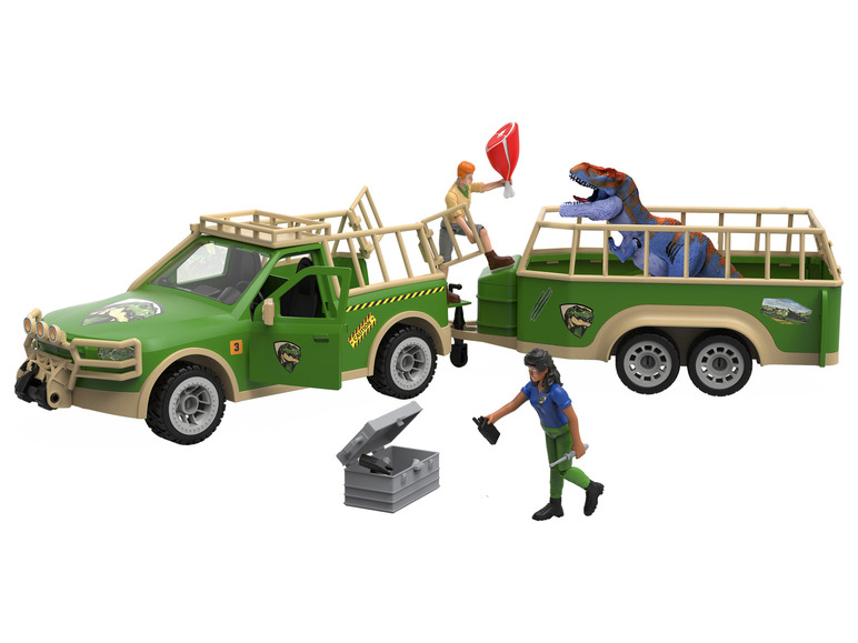 Une jeep verte avec une remorque, une figurine de dinosaure et des figurines de jouets.