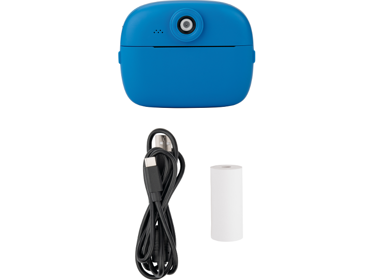 Blauwe kindercamera met oplaadkabel en een rol papier.