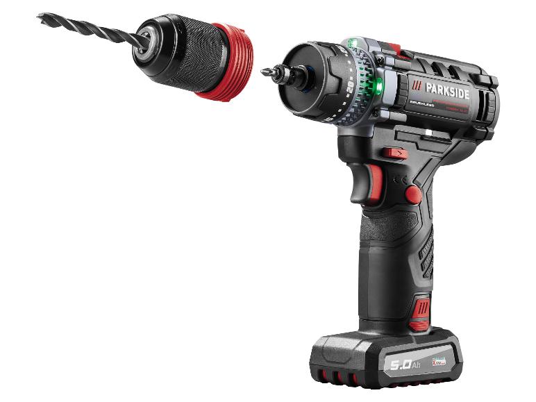 Een Parkside Performance draadloze boormachine met een 5,0 Ah batterij en een boor.