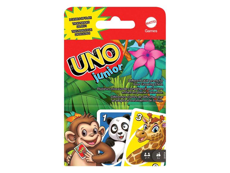 Jeu de cartes UNO Junior dans un emballage thème jungle avec singe, panda et girafe.