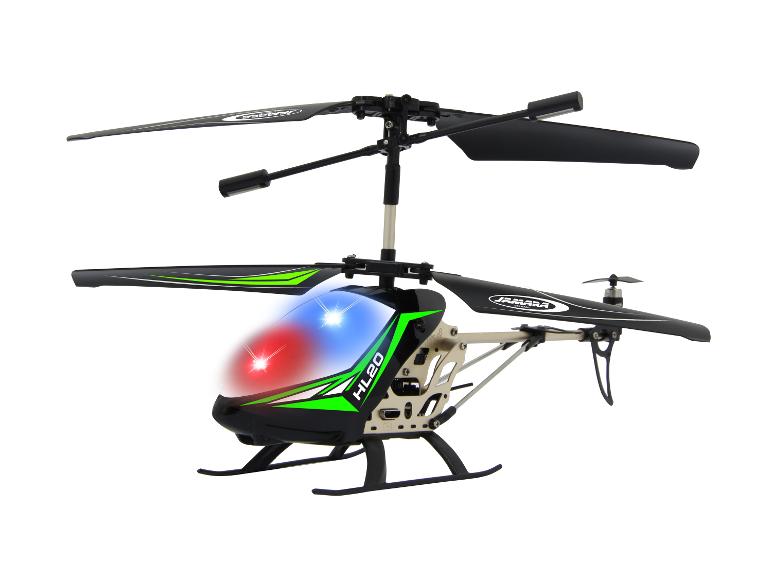 Hélicoptère RC noir et vert avec lumières rouges et bleues, avec le logo Jamara