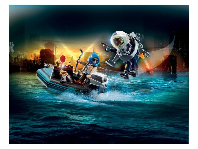 Playmobil figuren: een man in een motorboot en een astronaut met een jetpack boven water.