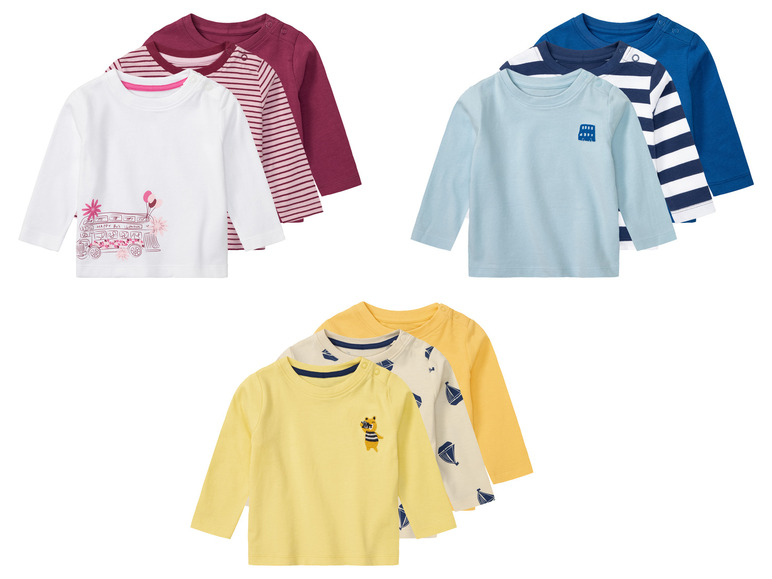 Trois ensembles de manches longues pour bébés, avec différentes couleurs et impressions.