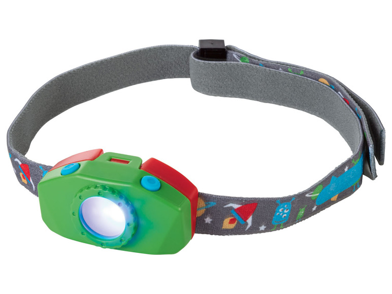 Een groene kinderkoplamp met een ruimtevaartthema.
