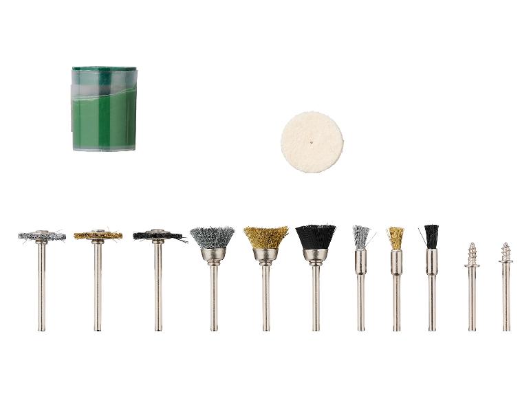 Een set van diverse roterende gereedschapsborstels en polijstaccessoires, inclusief een groene polijstpasta.
