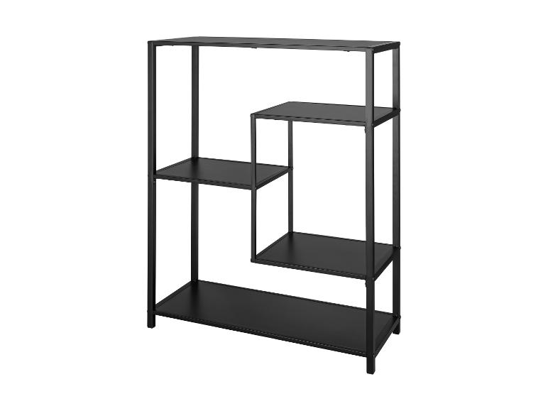 Étagère noire moderne à quatre niveaux avec un design géométrique asymétrique.