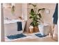 Badkamer met wit bad, toilet, blauwe badmatten en handdoeken, en groene planten.