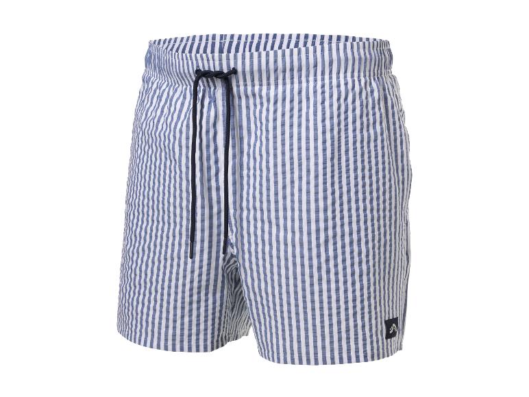 Short de bain homme rayé bleu et blanc avec cordon de serrage.