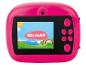 Roze digitale kindercamera met scherm dat 'WELCOME' en een cartoonlandschap toont.