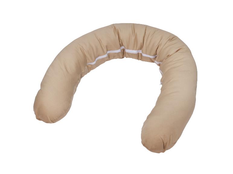 Beige voedings- of ondersteuningskussen met witte rits.