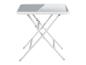 Table pliante blanche avec plateau gris ; idéale pour l'extérieur.