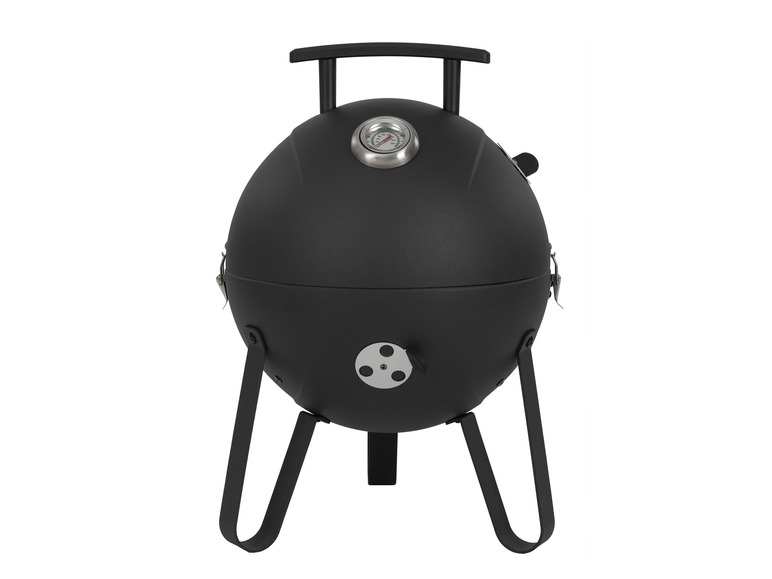 Un barbecue rond noir avec des pieds et un thermomètre.
