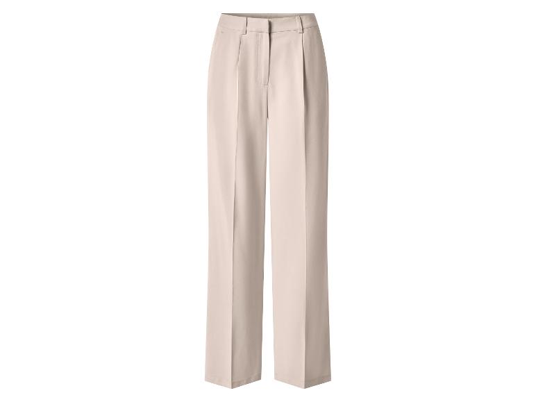 Lichtbeige geplooide broek met rechte pijpen.