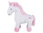 Witte eenhoorn knuffel met roze manen, staart, hoorn en hoeven, met twee geborduurde harten.