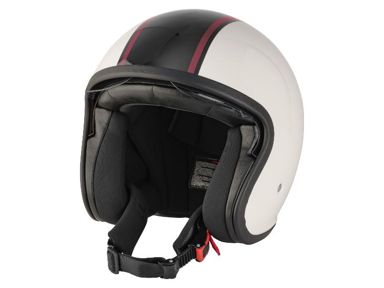 Casque de moto jet blanc et noir avec des rayures rouges