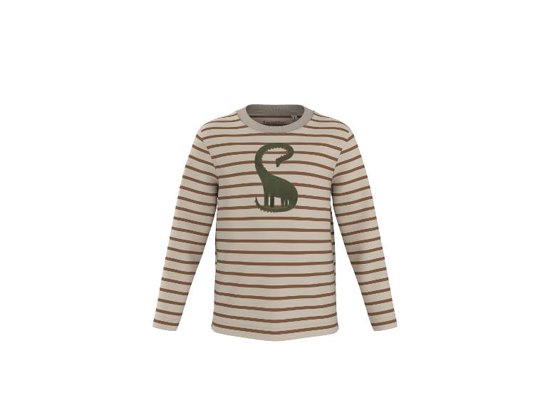 T-shirt rayé à manches longues pour enfant avec un dinosaure vert.