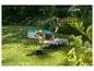 Beagle sautant sur un lit surélevé pour chien, avec une piscine pour chien en arrière-plan.