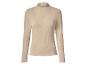 Col roulé côtelé beige à manches longues et ourlets ondulés.