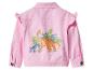 Roze kinderjeansjack met dinosaurus- en tropische bladerenprint op de rug.